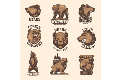 Badges with bears. Sport and adventure labels with aggressive animals