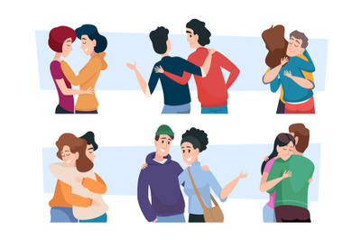 Hugs characters. People embracing couples with positive emotions exact