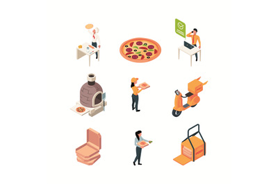 Pizza logistic. Food production and delivery service garish vector iso