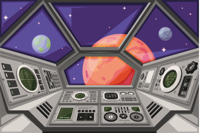 Spaceship cabin. Futuristic interface of spacecraft with user dashboar