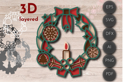 Christmas wreath 3D, mandala ornament, door hanger laser cut