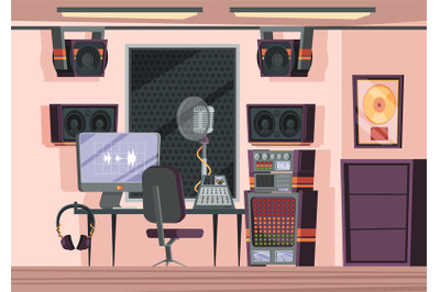 Music record studio. Interior with acoustic walls and sound production