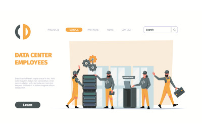 Data center landing. Servers engineers workers repairing industrial we