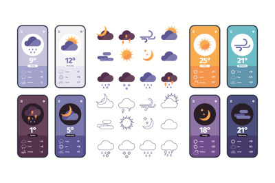 Weather ui app. Smartphone dashboard with system icons sun rain and cl