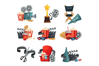 Cartoon cinema concept, reel and camera, popcorn and drink