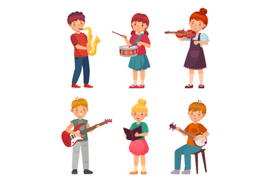 Children orchestra play music guitar and violin