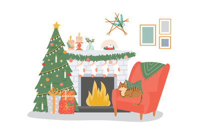 Christmas interior with chimney, tree and chair