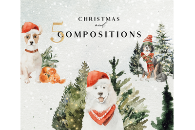 Christmas mood collection - 5 compositions (Dog, cat, tree)