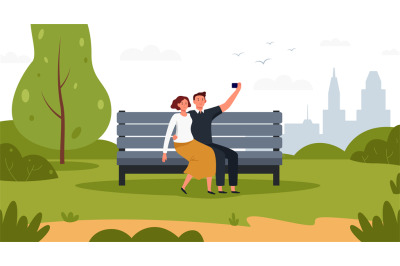 Couple taking selfie with smartphone outdoors in park