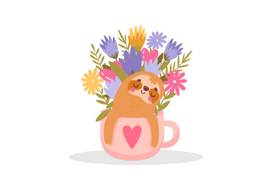 Cute sloth in flower cup, decor in interior