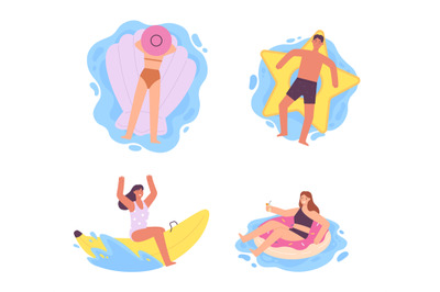 Flat people on inflatable air mattresses and swimming rings