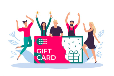 Happy people with gift card voucher enjoy