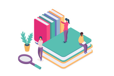 Isometric online library concept, people education with book