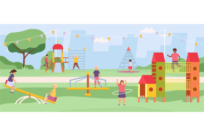 Kids park carousels, swings and game modules with slides