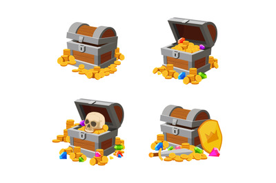 Open and closed chests with treasure gold