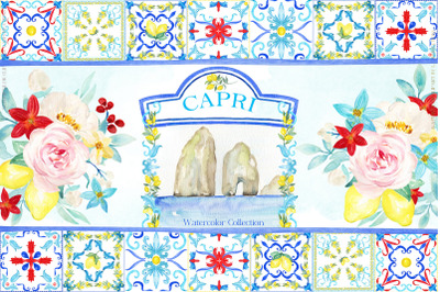 Capri Italy Watercolor Clipart Tiles