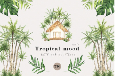 Tropical mood - Houses Palm Trees watercolor clipart