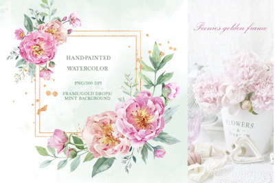Peonies frame watercolor clipart png, peony frame