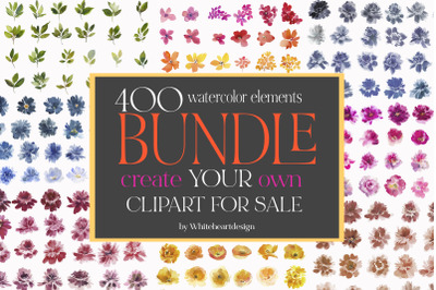 Watercolor Flowers PNG Elements Bundle to Create Your Clipart for Sale