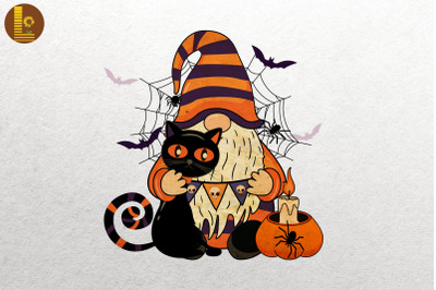 Black Cat Gnome Pumpkin Jack-o-lantern