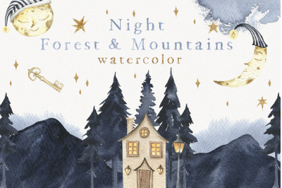 Night Forest &amp; Mountains Watercolor Clipart