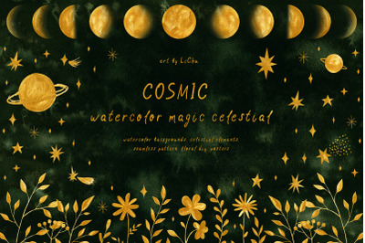 Cosmic Watercolor Dusk Green Celestial Clipart