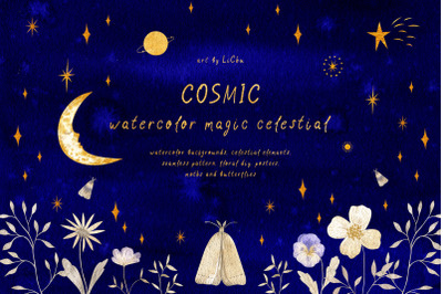 Cosmic Blue Watercolor Magic Celestial Clipart