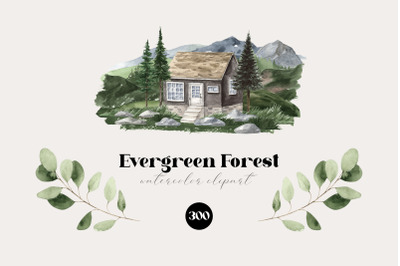 Watercolor Evergreen Forest and Mountains Houses Clipart
