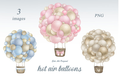 Hot air balloons set. Baby shower clipart /pink,blue, brown, neutral colors/ Clipart PNG Watercolor painting