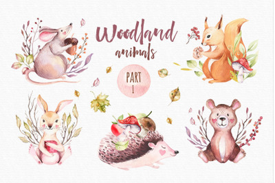 Watercolor nursery animals clipart. Woodland illustration. Cute animal