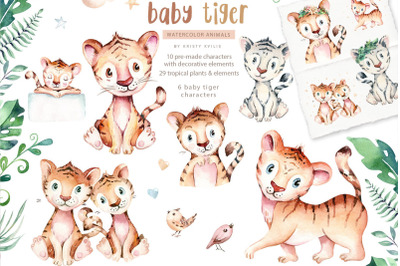 Watercolor tiger animals tropic clipart. Digital kids baby tiger