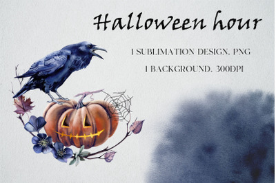Halloween Sublimation Design Black Raven, Pumpkin, Flowers
