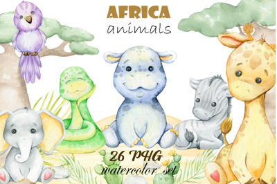 animals of africa, baby. Watercolor set of PNG cliparts. hippo, zebra