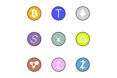 Set of badges cryptocurrency coins flat, bitcoin and crypto coins of l