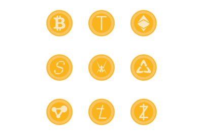 Collection of cryptocurrency coins, crypto money and assets