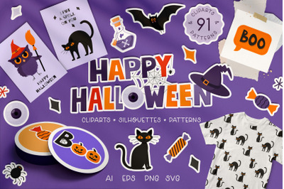 Happy Halloween clipart, silhouettes, patterns