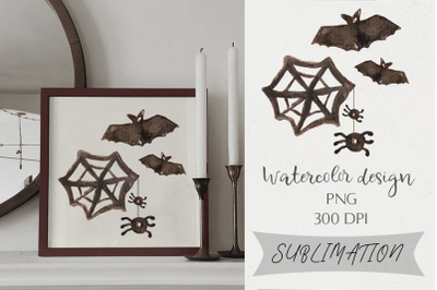 Halloween Sublimation Design PNG. Watercolor Bat, Spiders
