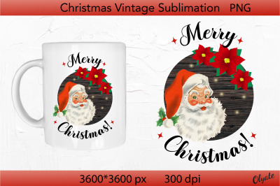 Merry Christmas Round Sign PNG. Vintage Santa Sublimation