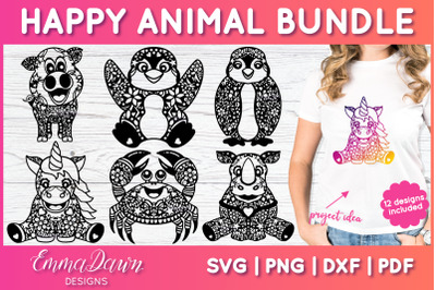 Happy Animal SVG Bundle | Animal Zentangle Cut File Bundle
