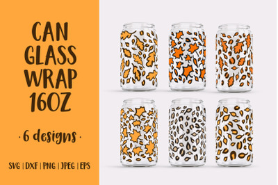 Fall Leaves Leopard Can Glass Wrap Bundle. Autumn Glass Can