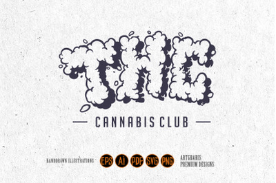 Lettering words cannabidiol monochrome with smoke effect svg