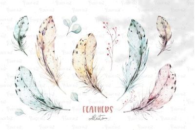 Watercolor feathers Bohemian. Clipart tribe Collection