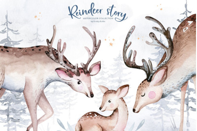 Watercolor reindeer clipart set. Deer, forest, fern PNG elements