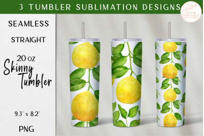Watercolor Lemon Tumbler Sublimation PNG. Citrus Fruits Tumbler Wrap