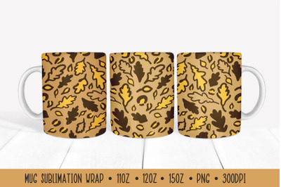 Fall Oak Leaves Mug Wrap. Leopard Print Sublimation Mug