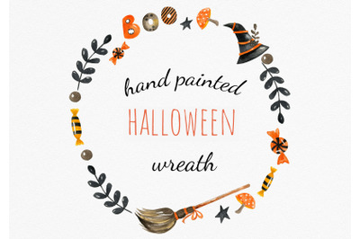 Cute Halloween wreath with broom, witch hat and sweets. Watercolor cli