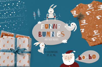 Funny bunnies vector illustrations. Cute christmas collection for kids