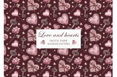 Love, hearts digital paper, seamless pattern. Watercolor. Valentines