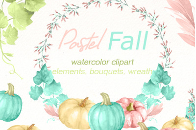 Fall pastel pumpkins clipart |Watercolor autumn png bundle.