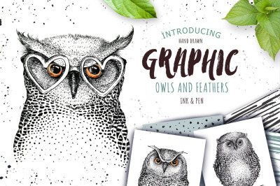 Hand Drawn graphic owls, feather and feathers pattern
